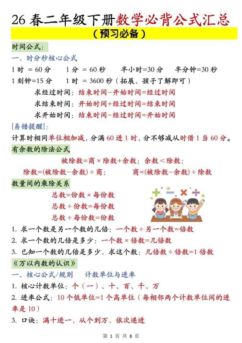 二年级下数学必背公式汇总《人教版》-大伟资源网