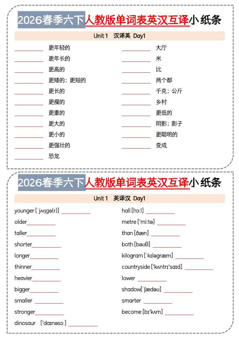 六年级下英语单词英汉互译小纸条《人教版PEP》-大伟资源网