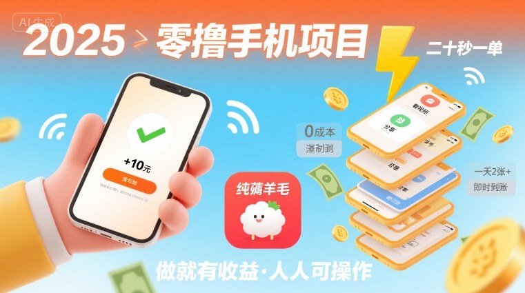 2025年零撸手机项目，二十秒一单，纯薅羊毛 一天2张+做就有-大伟资源网