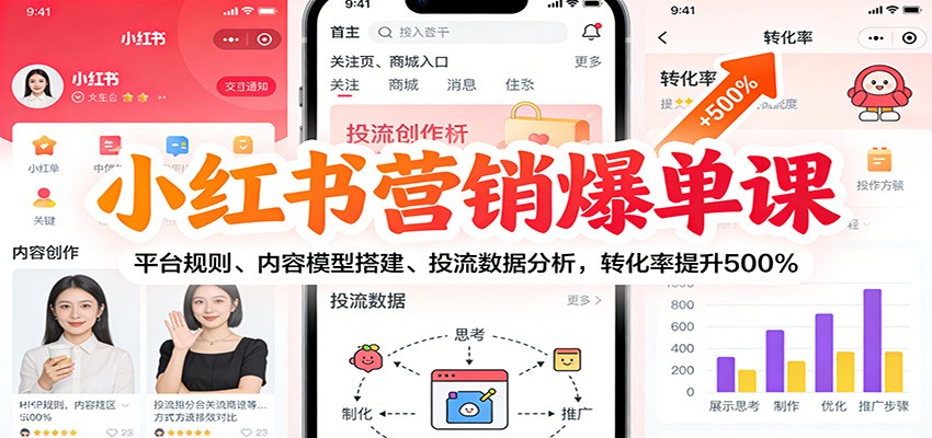 小红书营销爆单课：平台规则、内容模型搭建、投流数据分析，转化率提升500%-大伟资源网
