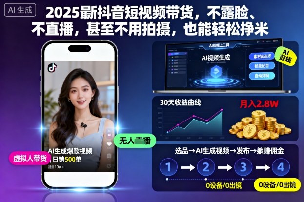 2025最新抖音短视频带货，不露脸、不直播，甚至不用拍摄，也能轻松挣米-大伟资源网