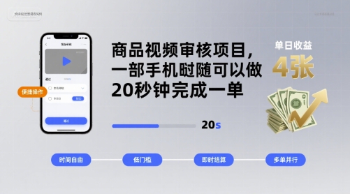 商品视频审核项目，一部手机随时随地都可以做，20秒钟完成一单，单日收益 4张【揭秘】-大伟资源网