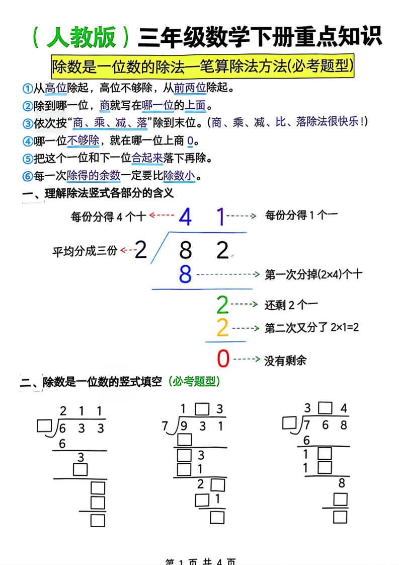 三年级下数学除数是一位数的除法—笔算除法方法(必考题型)《人教版》-大伟资源网