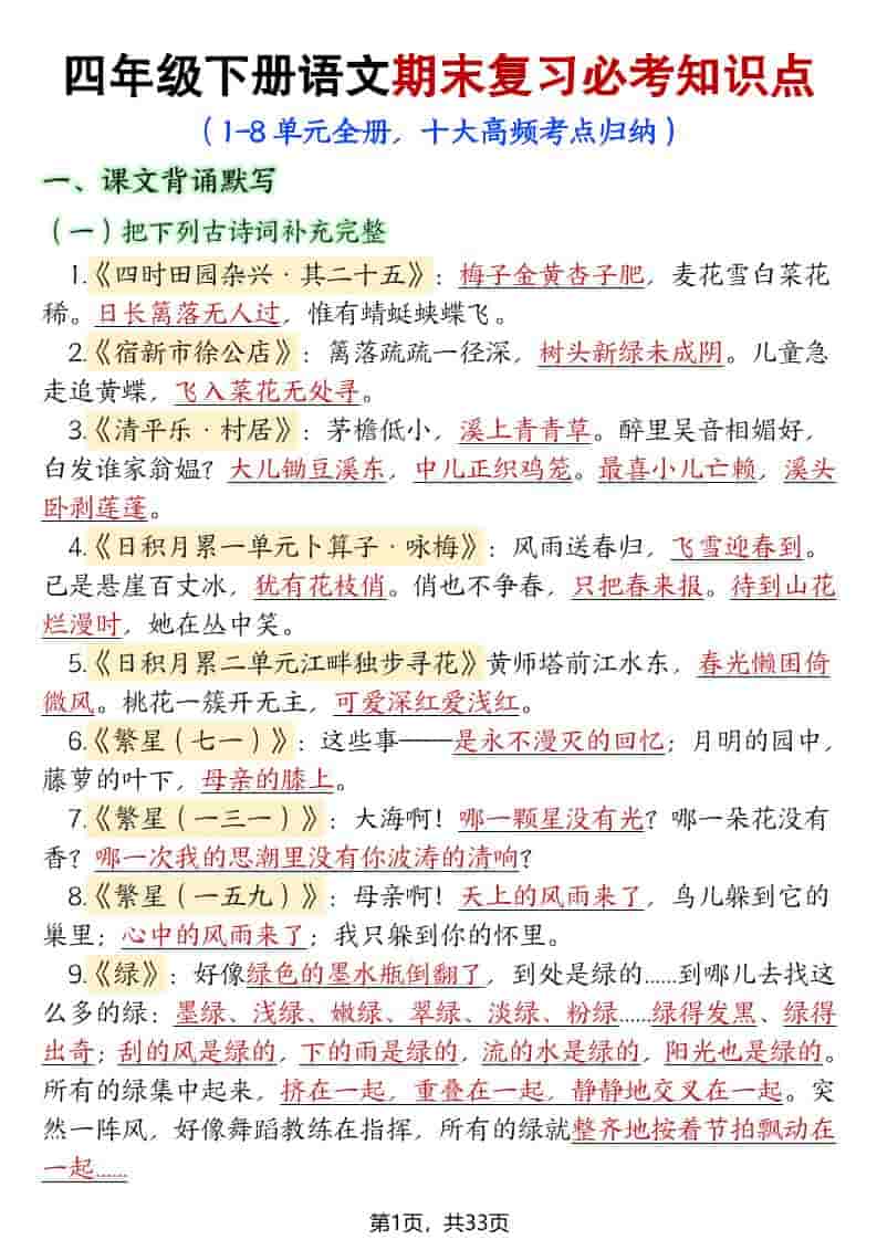 四年级下语文期末复习必考知识点（十大高频考点归纳）-大伟资源网