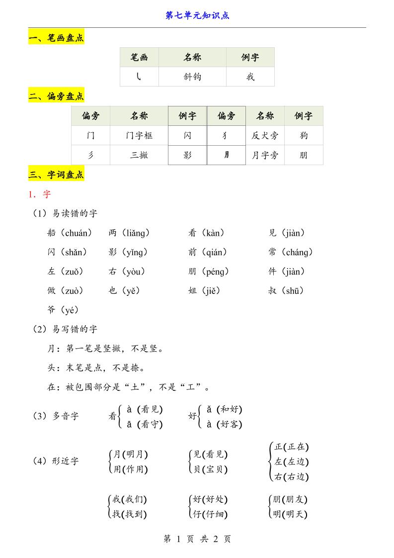 第7单元（知识点）一上语文-大伟资源网