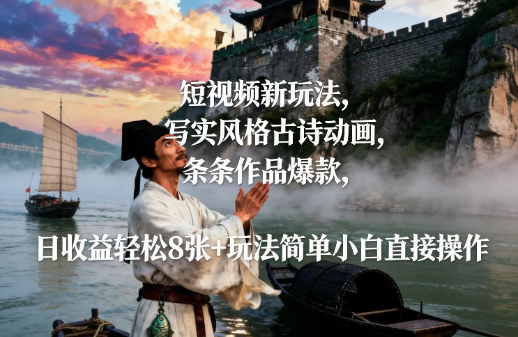 短视频新玩法，写实风格古诗动画，条条作品爆款，日收益轻松8张+玩法简单小白直接操作-大伟资源网