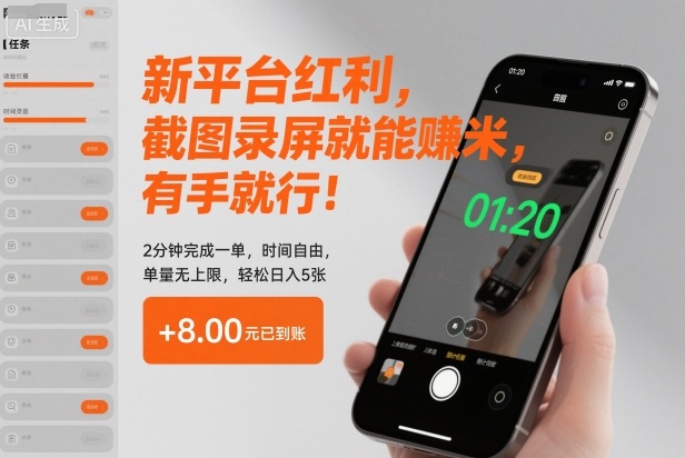 新平台红利，截图录屏就能賺米，有手就行！2分钟完成一单，时间自由，单量无上限，轻松日入5张【揭秘】-大伟资源网