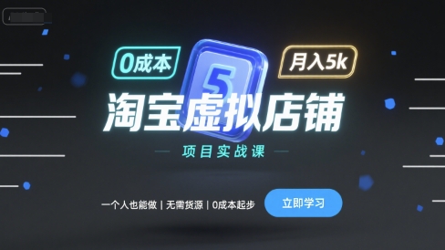 淘宝虚拟店铺项目实战课，一个人也能做，无需货源、0成本起步，月入5k-大伟资源网