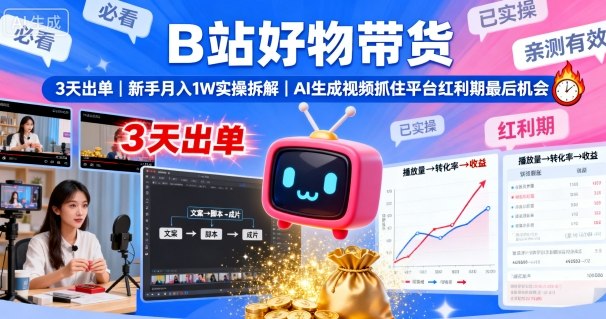 B站好物带货，3天出单，新手月入1W实操拆解，AI生成视频，抓住平台红利期最后机会-大伟资源网