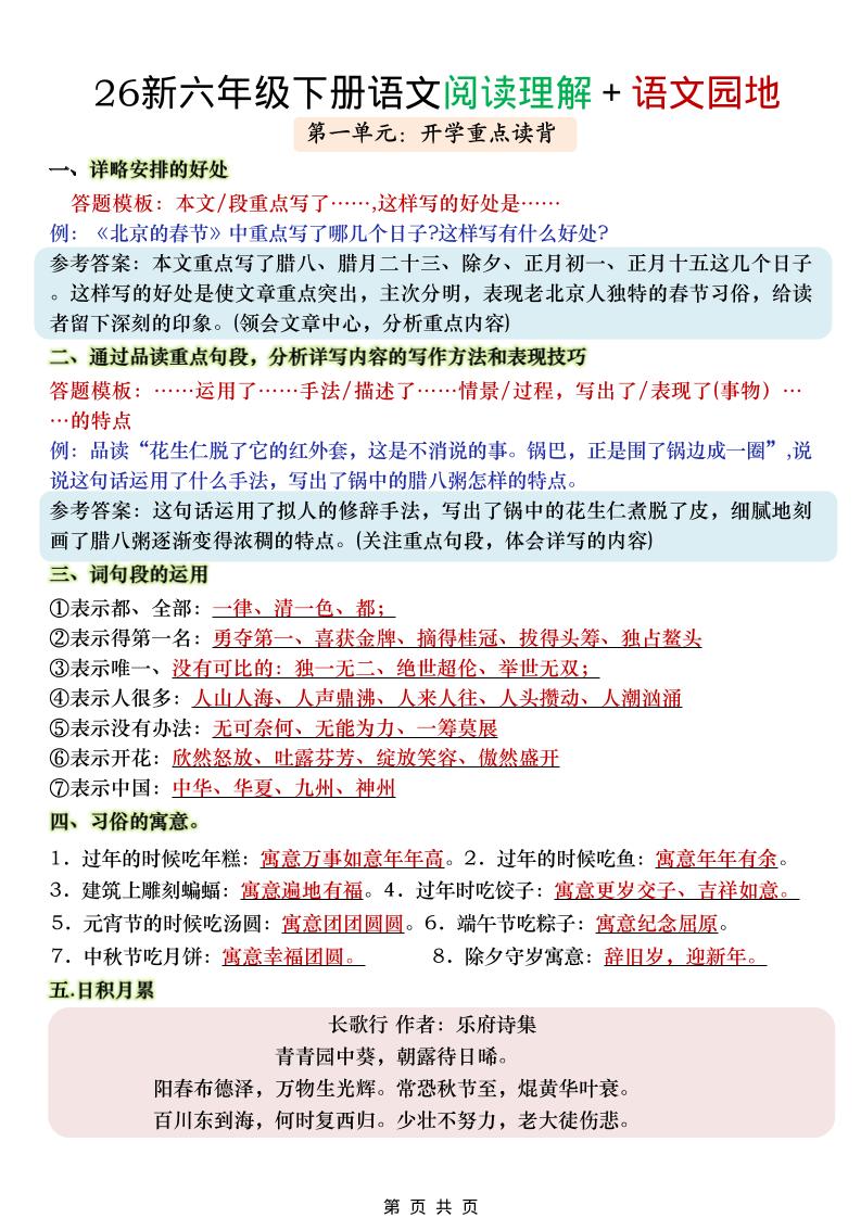六年级下语文阅读理解＋语文园地-大伟资源网