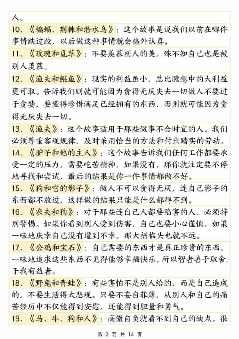 三年级下语文必背《伊索寓言》寓意140篇-大伟资源网