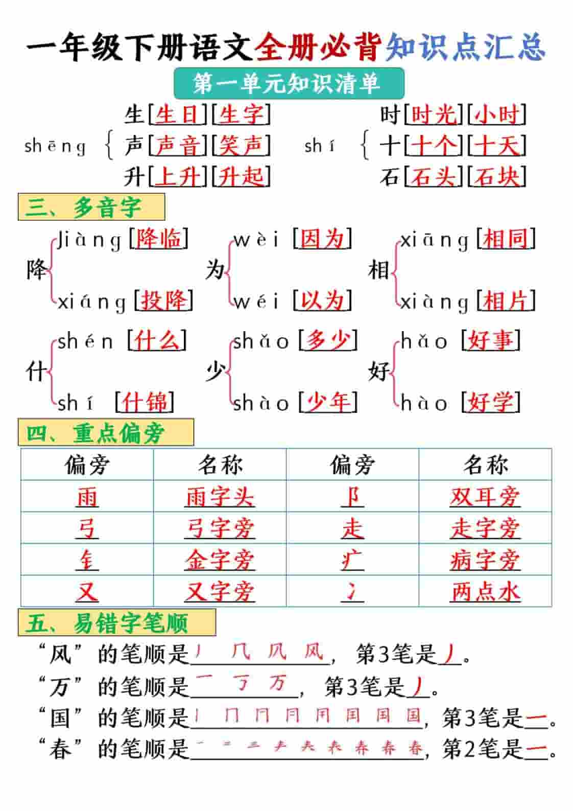 一年级下语文全册必背知识点汇总【共26页】-大伟资源网