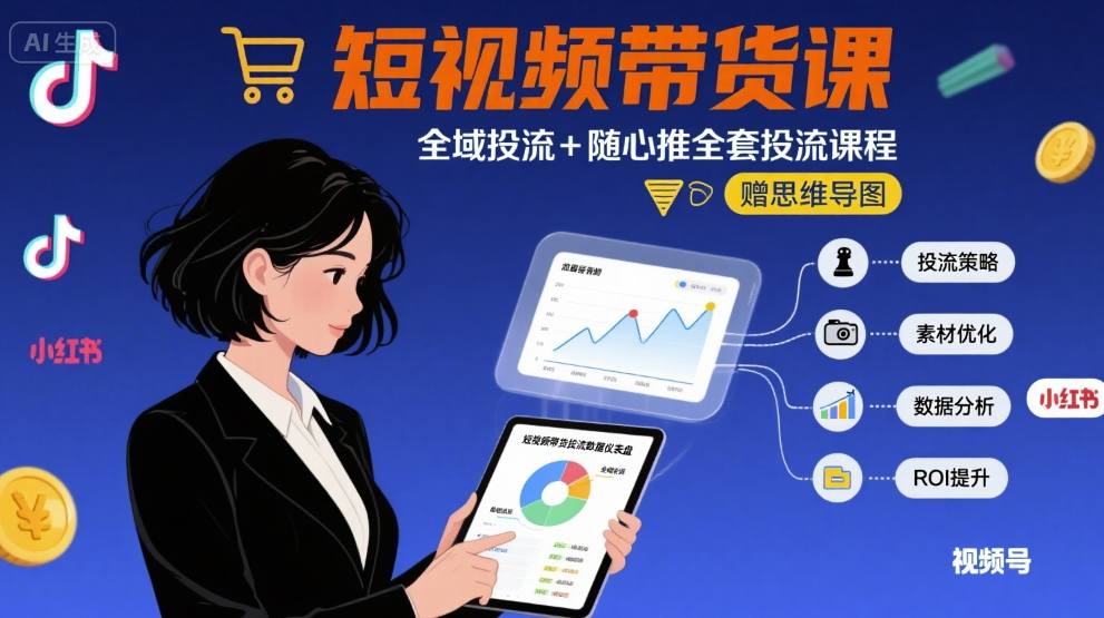 最新短视频带货课，全域投流+随心推全套投流课程+思维导图-大伟资源网