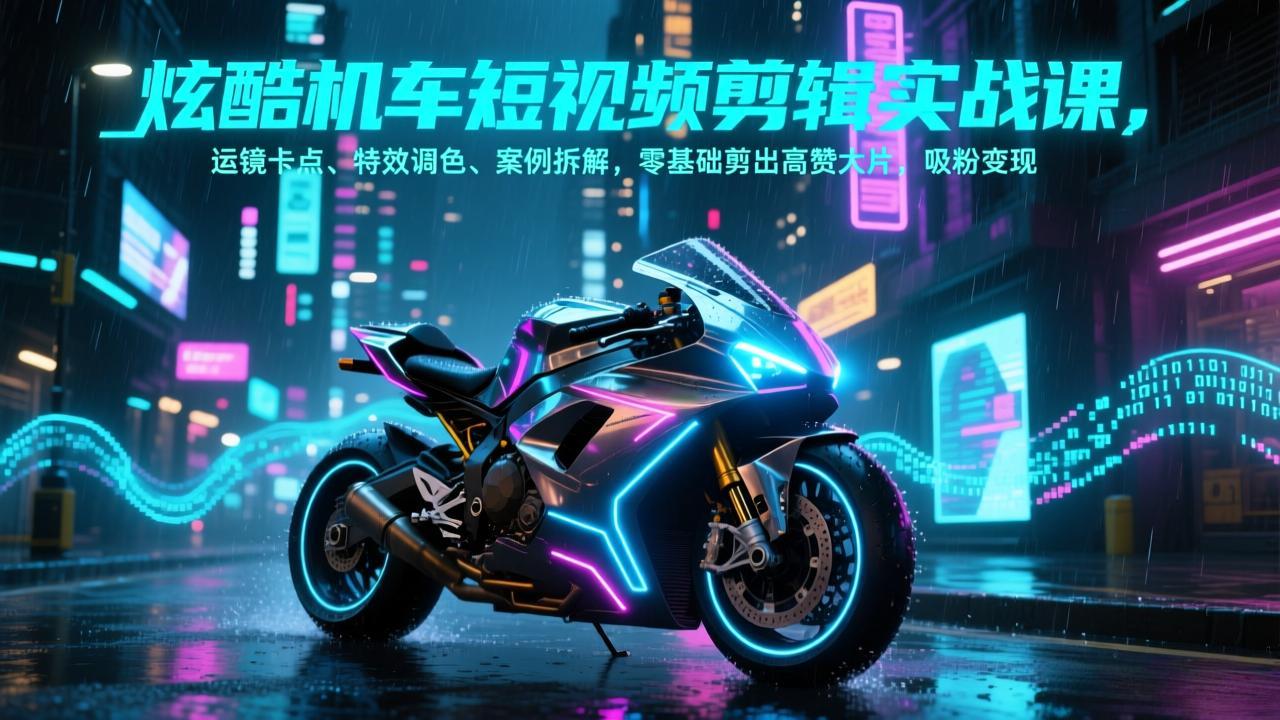 炫酷机车短视频剪辑实战课，运镜卡点、特效调色、案例拆解，零基础剪出高赞大片，吸粉变现-大伟资源网