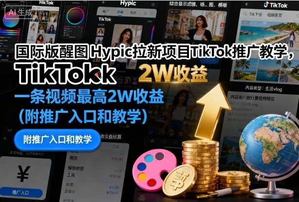 国际版醒图Hypic拉新项目TikTok推广教学，一条视频最高2W收益(附推广入口和教学)-大伟资源网