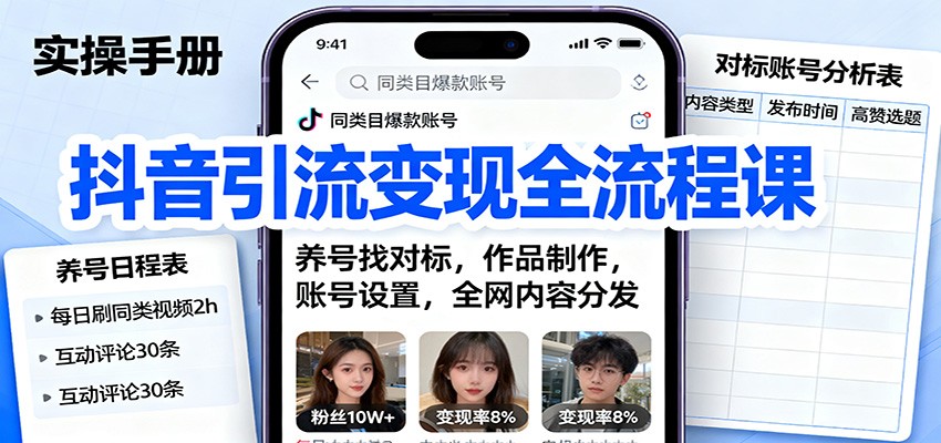 抖音引流变现全流程课：养号找对标，作品制作，账号设置，全网内容分发-大伟资源网