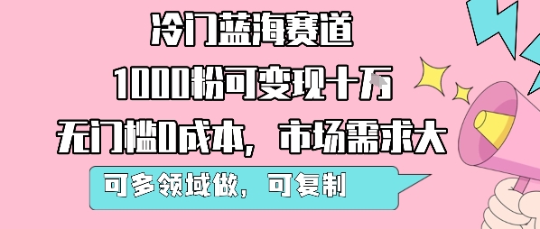 冷门蓝海赛道，1000粉可变现十W，无门槛0成本，市场需求大，可多领域做，可复制性强-大伟资源网