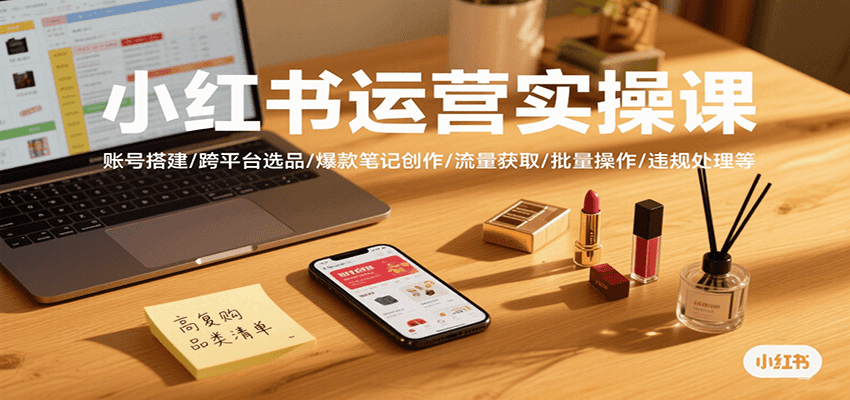 小红书运营实操课，账号搭建/跨平台选品/爆款笔记创作/流量获取/批量操作/违规处理等-大伟资源网