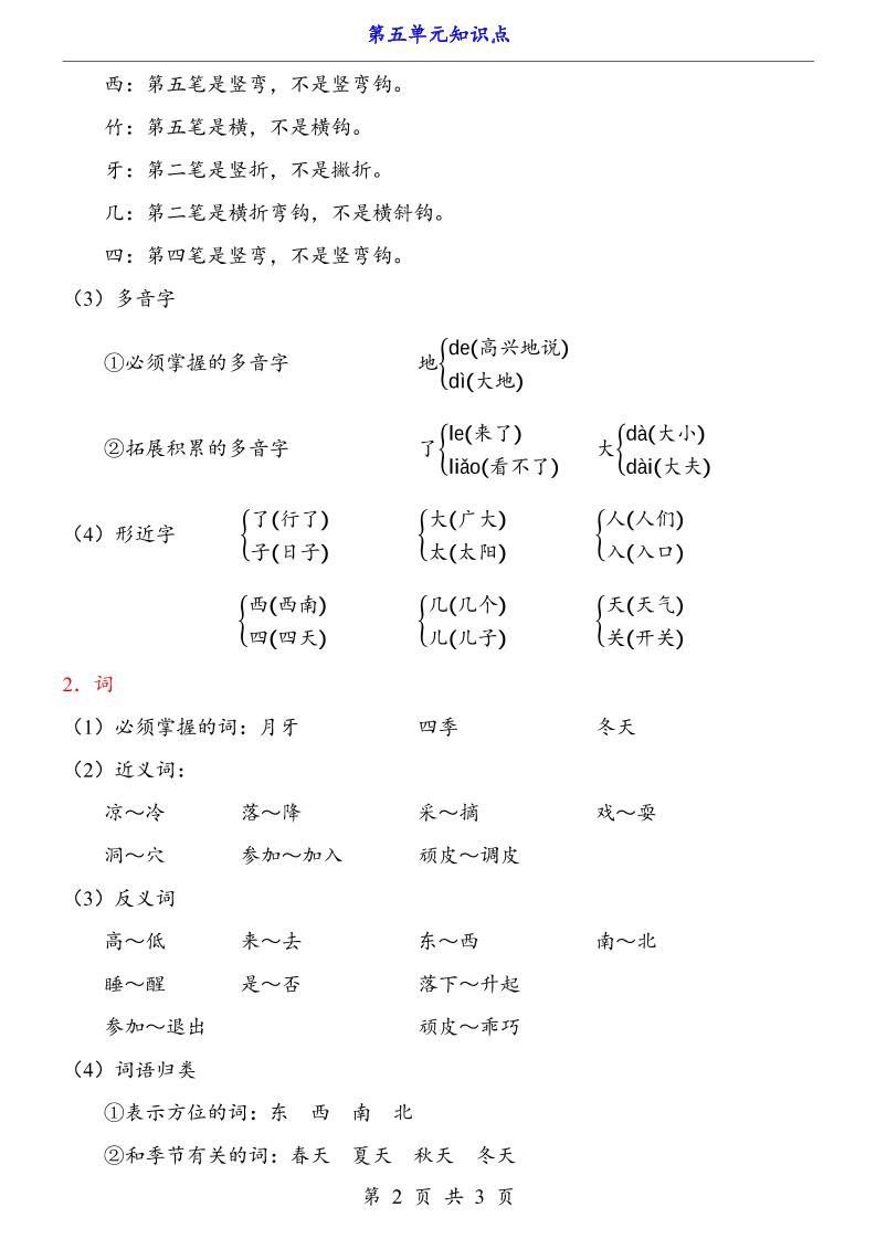 第5单元（知识点）一上语文-大伟资源网