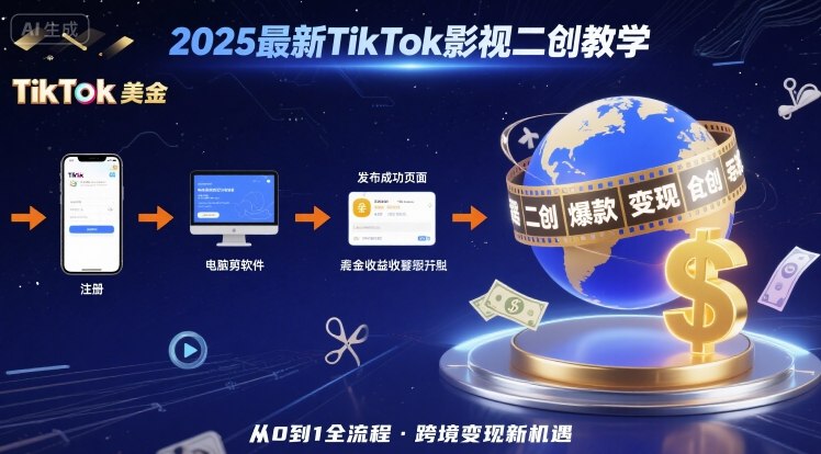 2025年最新TikTok影视二创教学，从注册到发布撸美金全流程，跨境变现新机遇-大伟资源网