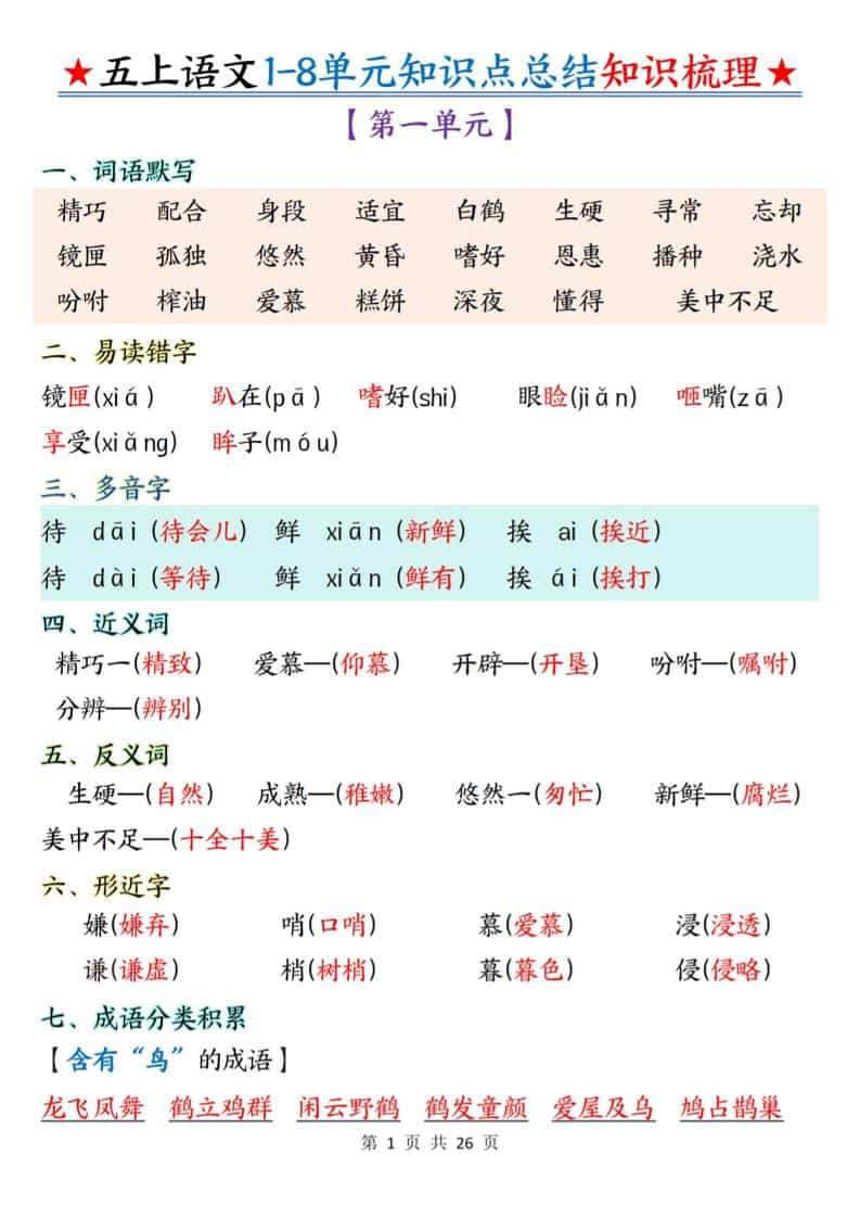 五年级上语文1-8单元知识点总结知识梳理-大伟资源网