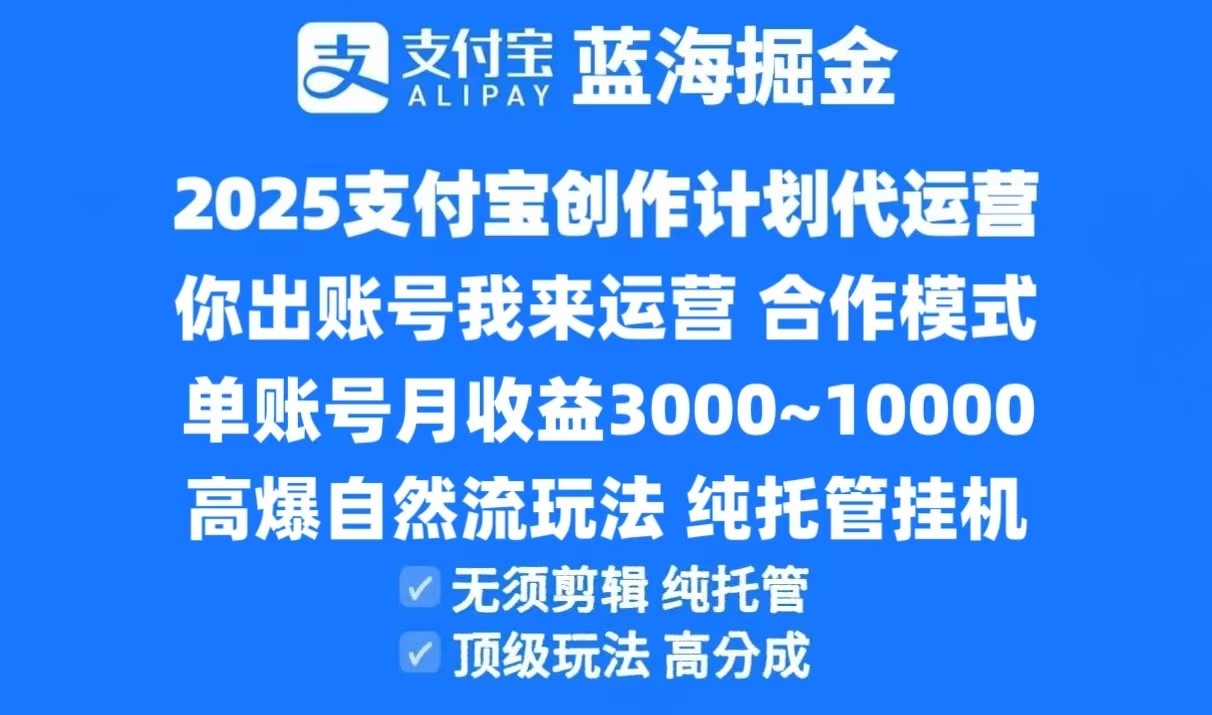 2025支付宝创作分成计划代运营，高爆自然流玩法，纯挂机高分成，合作共赢模式！-大伟资源网