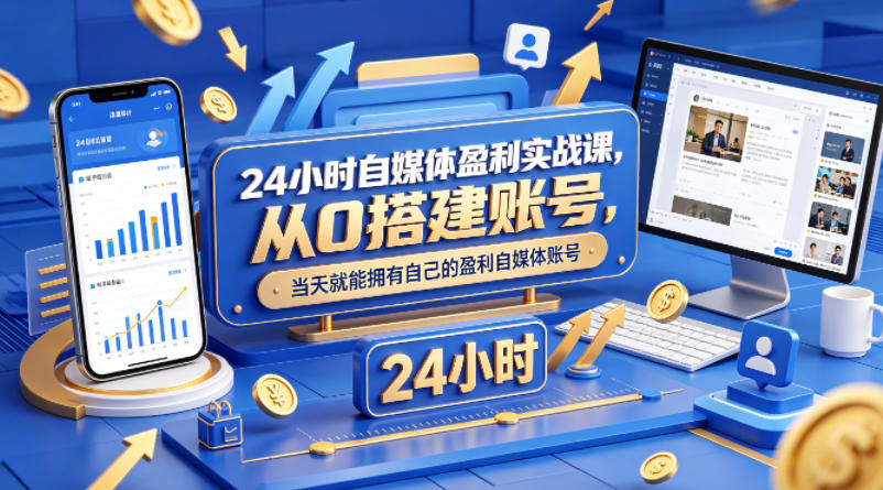 24小时自媒体盈利实战课，从0搭建账号，当天就能拥有自己的盈利自媒体账号-大伟资源网
