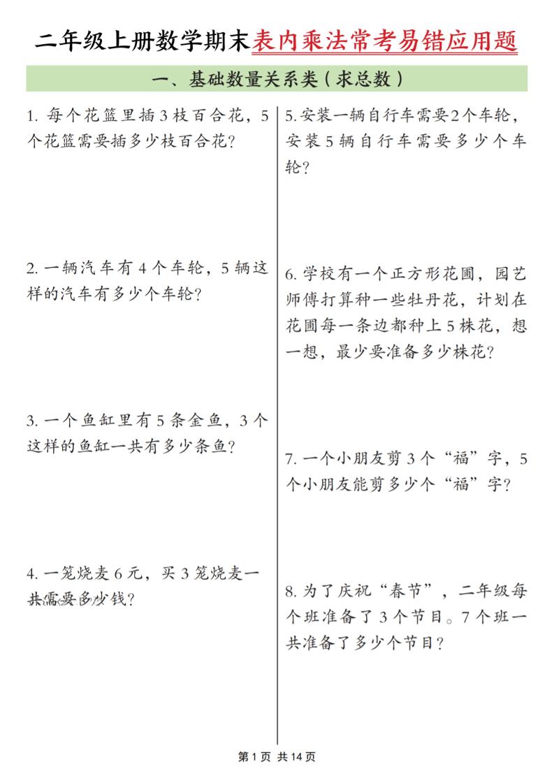 二年级上数学表内乘法常考易错题-大伟资源网