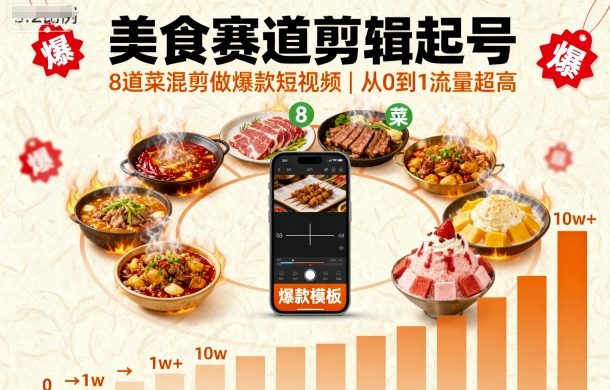 美食赛道剪辑起号，8道菜混剪做爆款短视频，从0到1，流量超高-大伟资源网