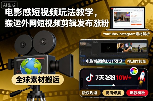 电影感短视频玩法教学，搬运外网短视频剪辑发布涨粉-大伟资源网