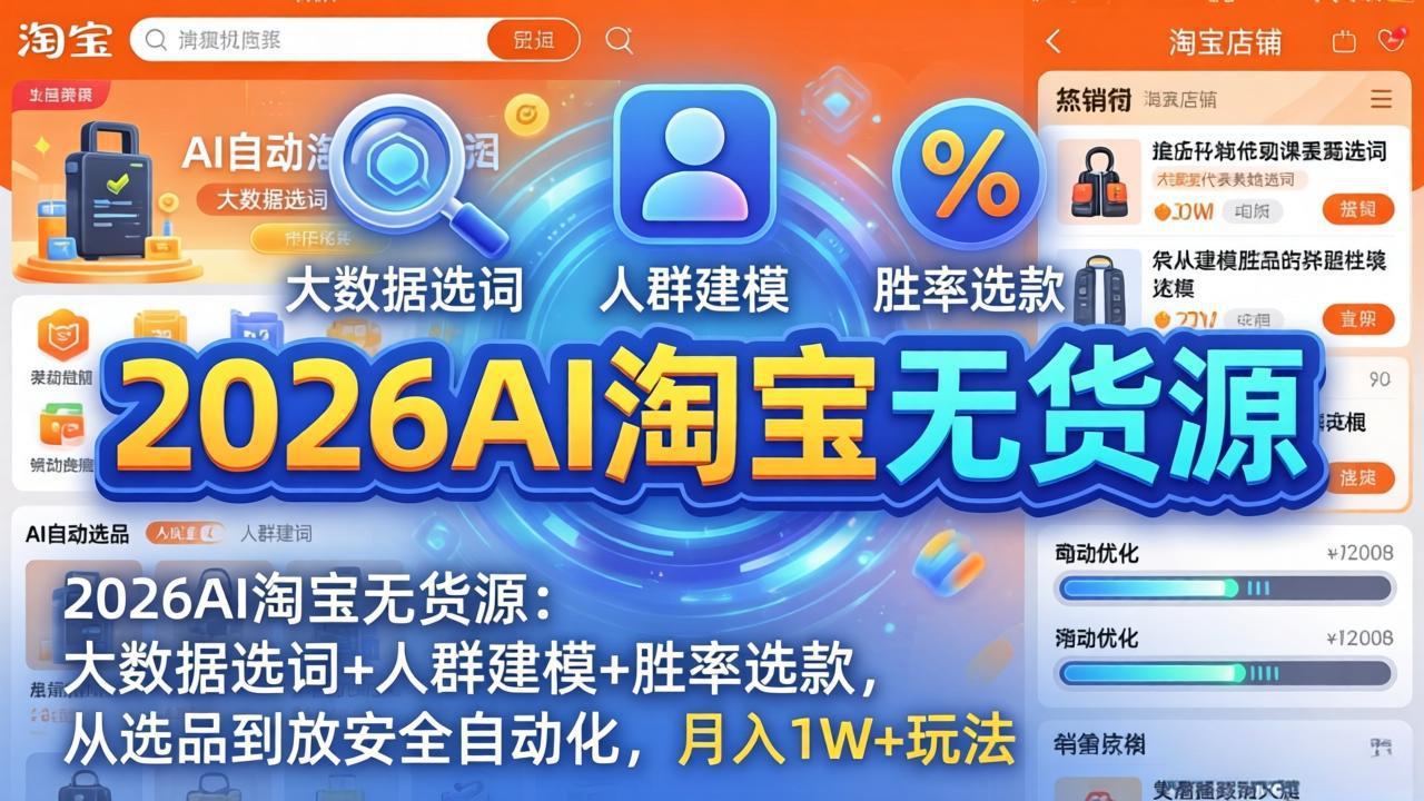 2026AI淘宝无货源：大数据选词+人群建模+胜率选款，从选品到放大全自动化，月入1W+玩法-大伟资源网