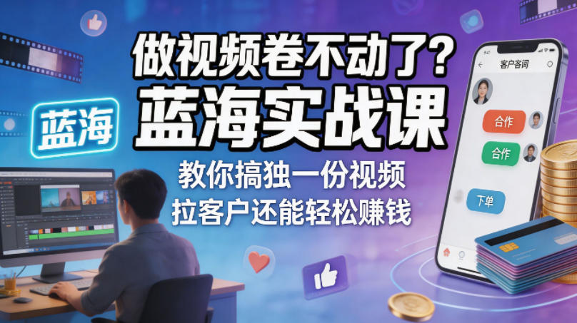 做视频卷不动了？蓝海实战课教你搞独一份视频，拉客户还能轻松賺钱！【原创双语字幕】-大伟资源网