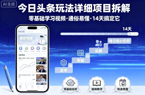 今日头条玩法详细项目拆解，零基础学习视频 通俗易懂 14天搞定它-大伟资源网