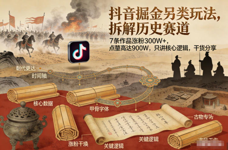 抖音掘金另类玩法，拆解历史赛道，7条作品涨粉300W+，点赞量高达900W，只讲核心逻辑，干货分享-大伟资源网