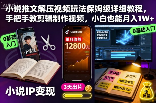 小说推文解压视频玩法保姆级详细教程，手把手教剪辑制作视频，小白也能月入1W+-大伟资源网