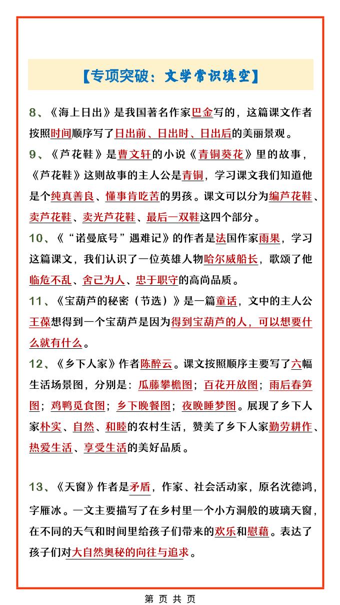 四年级下语文文学常识填空专项-大伟资源网