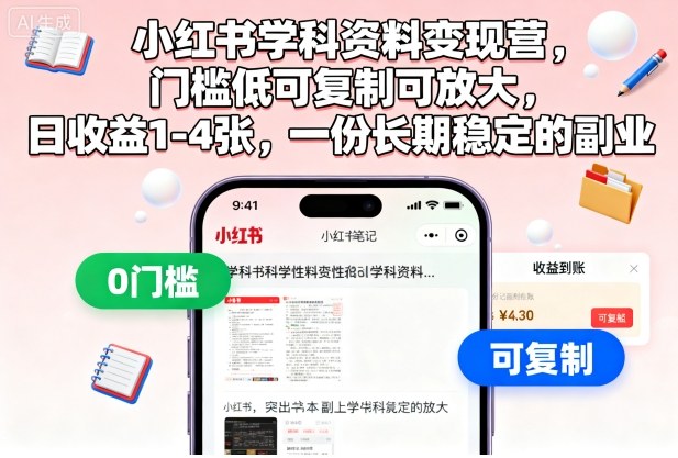 小红书学科资料变现营，门槛低可复制可放大，日收益1-4张，一份长期稳定的副业-大伟资源网