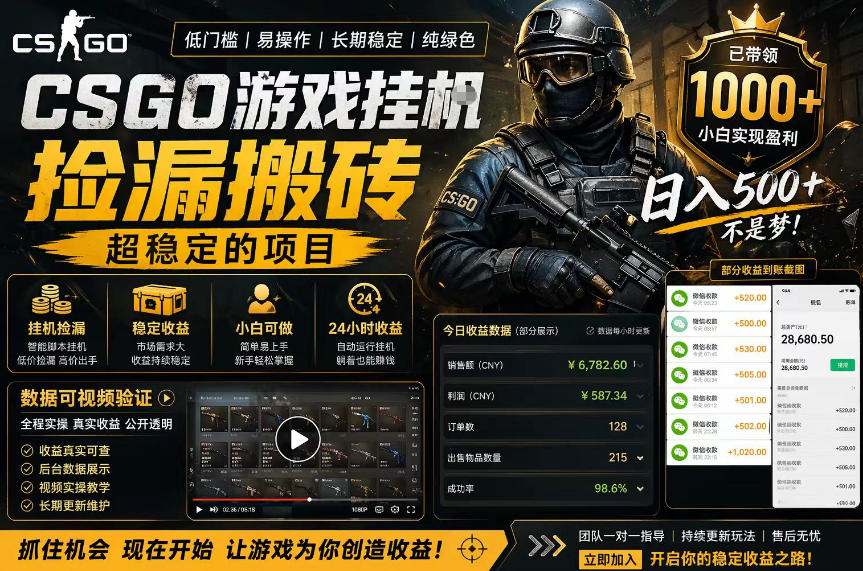 CSGO游戏搬砖，全自动挂G，不需要玩游戏，手机操作日入300+，解放双手【揭秘】ㅤ-大伟资源网
