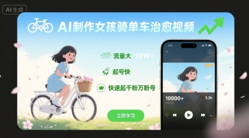 AI制作女孩骑单车治愈视频，流量大，起号快，快速起千粉万粉号-大伟资源网