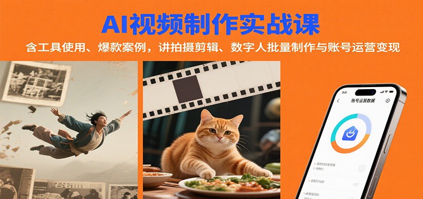 AI视频制作实战：含工具使用、爆款案例，讲拍摄剪辑、数字人批量制作与账号运营变现-大伟资源网