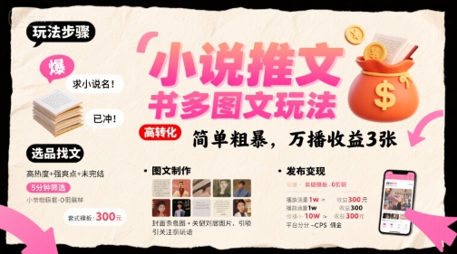 小说推文小红书多图文玩法，简单粗暴，万播收益3张-大伟资源网
