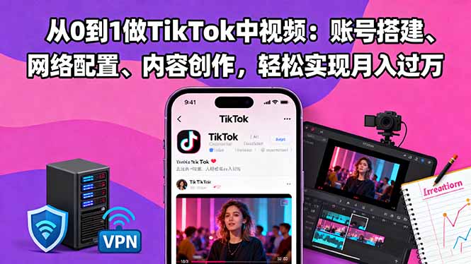 从0到1做TikTok中视频：账号搭建、网络配置、内容创作，轻松实现月入过万-大伟资源网