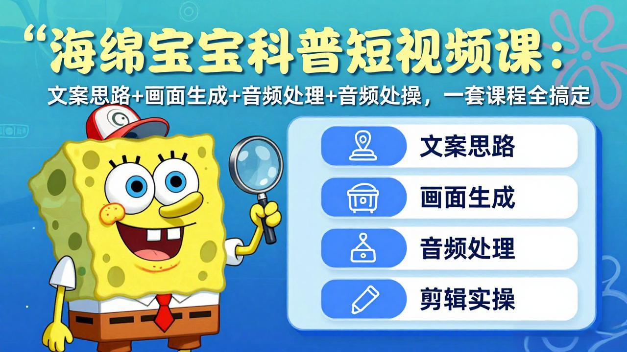 海绵宝宝科普短视频课：文案思路+画面生成+音频处理+剪辑实操，一套课程全搞定-大伟资源网