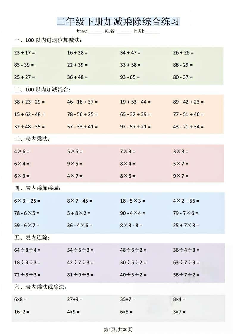 二年级下数学加减乘除综合练习-大伟资源网