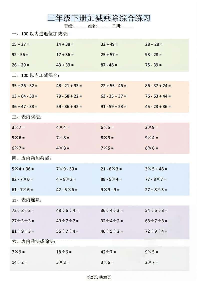 二年级下数学加减乘除综合练习-大伟资源网