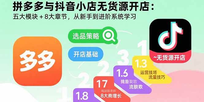 （15805期）拼多多与抖音小店无货源开店：五大模块+8大章节，从新手到进阶系统学习-大伟资源网
