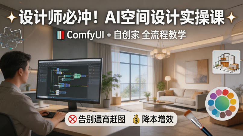 设计师必冲！AI空间设计实操课，ComfyUI+自创家全教学，告别通宵赶图，降本增效-大伟资源网