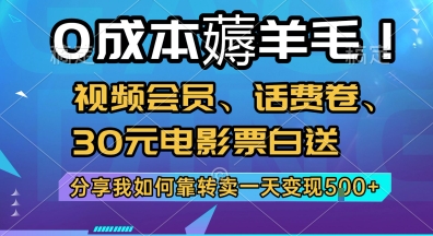 0成本薅羊毛!视频会员、话费卷、30元电影票白送，分享我如何靠转卖一天变现5张+【揭秘】-大伟资源网