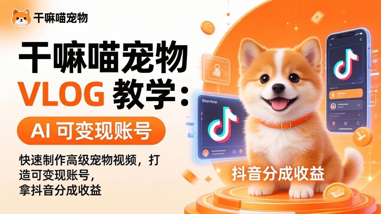 干嘛喵宠物 VLOG 教学：AI 快速制作高级宠物视频，打造可变现账号，拿抖音分成收益-大伟资源网