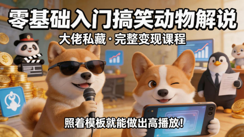 零基础入门搞笑动物解说，大佬私藏完整变现课程，照着模板就能做出高播放-大伟资源网